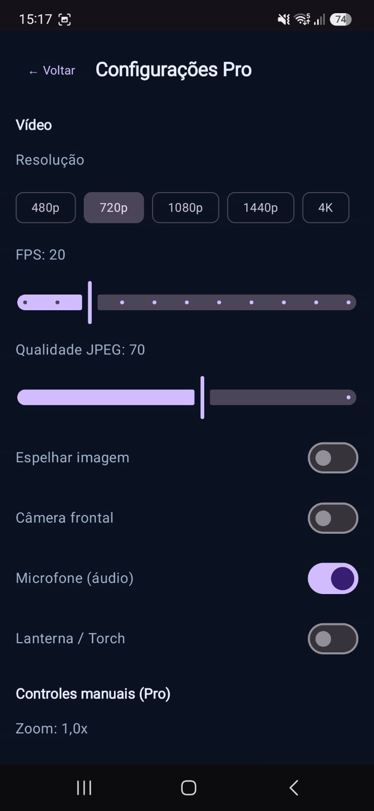 Configurações Pro: resolução em 720p, FPS 20, qualidade JPEG 70 e microfone ligado. Espelhar imagem, câmera frontal e lanterna desligados. Zoom em 1,0x.