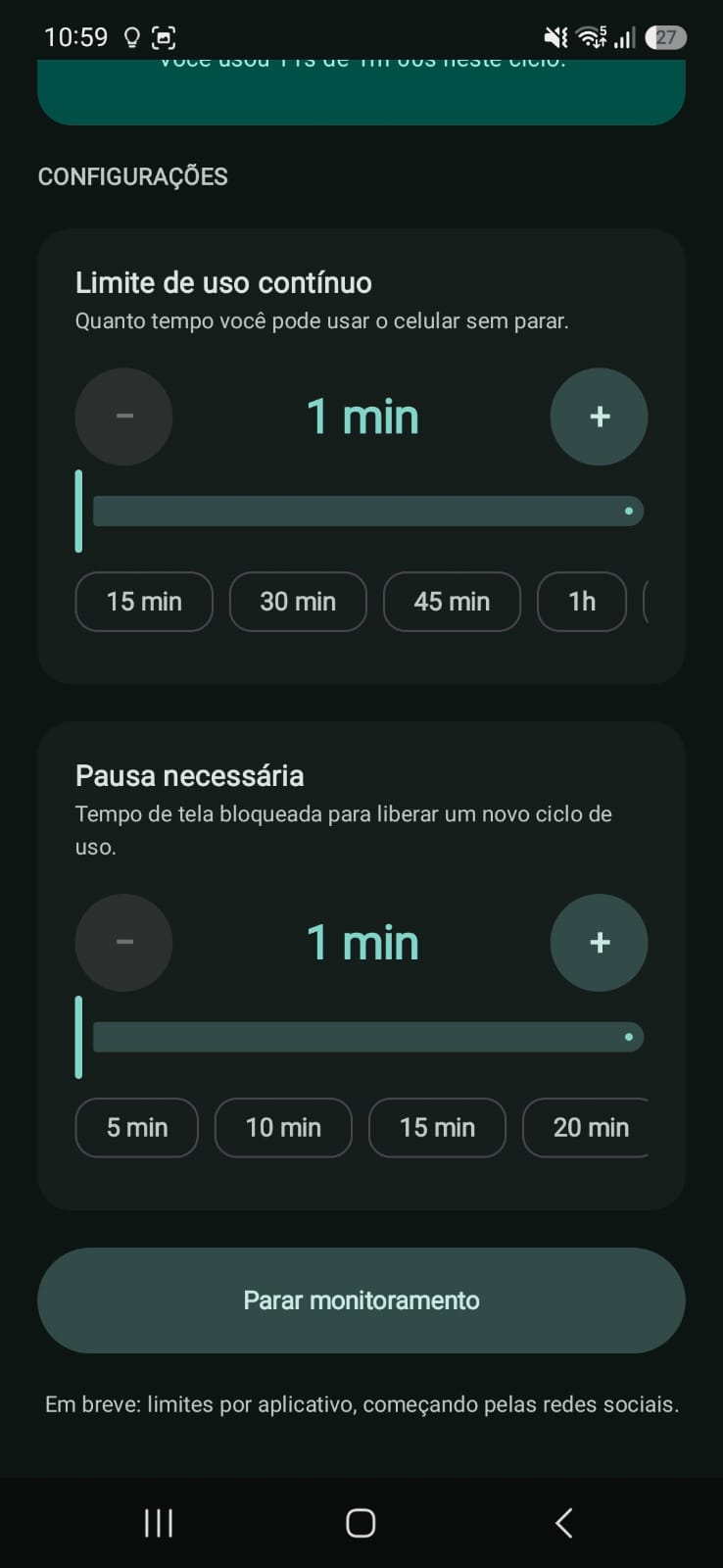 Ajustes do limite e da pausa, com o botão para parar.