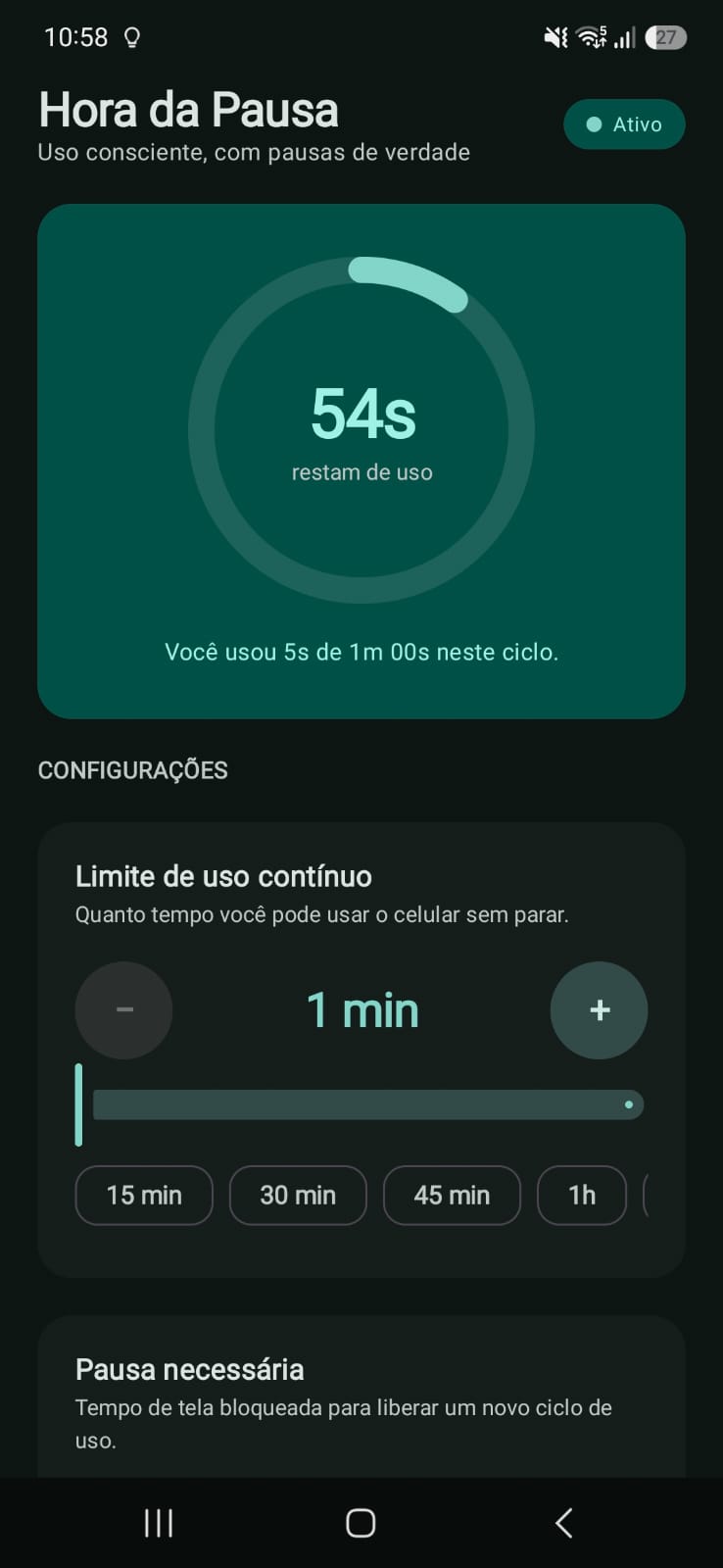 Monitoramento ligado: anel de progresso e 54 segundos de uso.